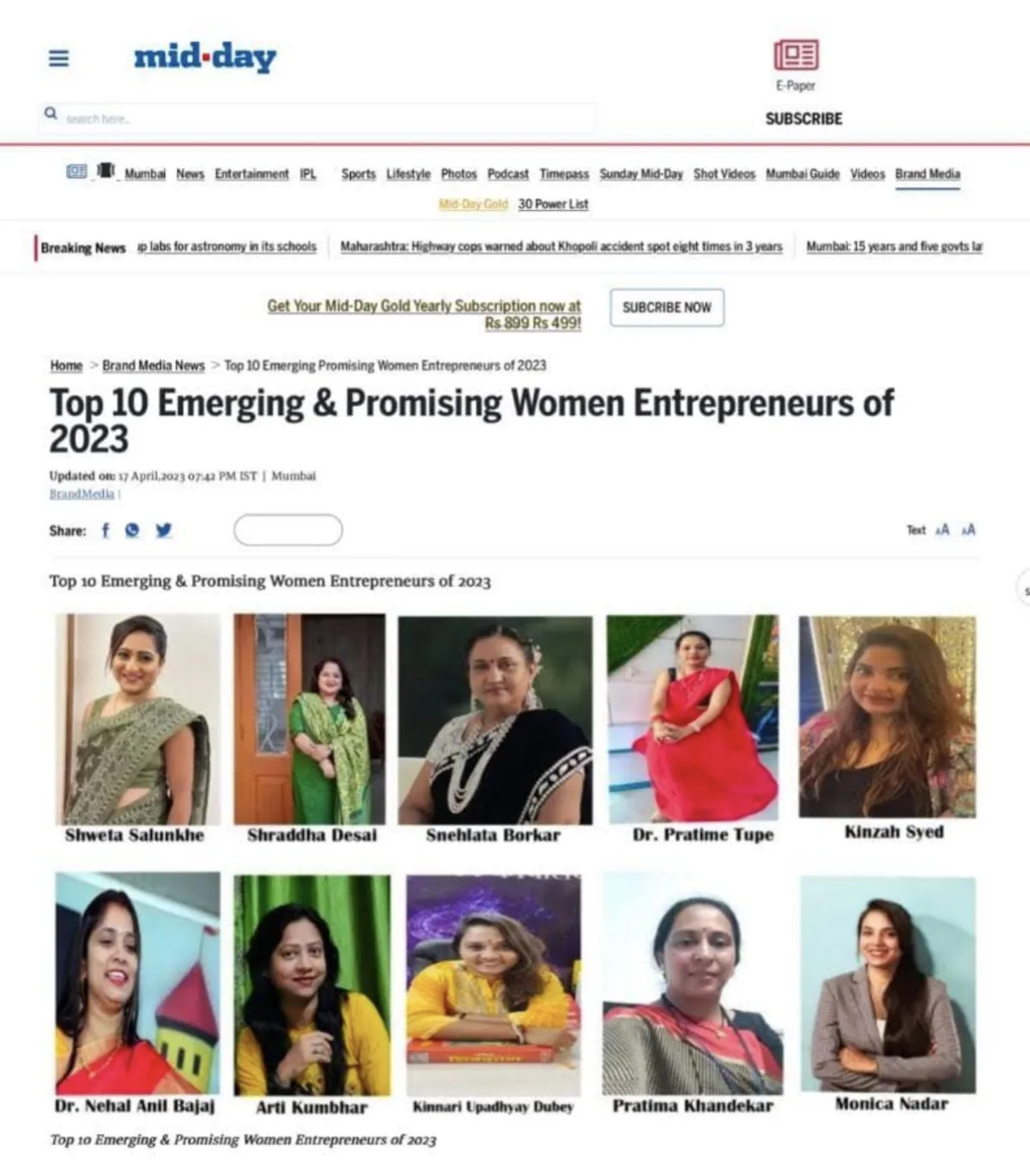 Mid-Day feature: Top 10 Emerging & Promising Women Entrepreneurs of 2023